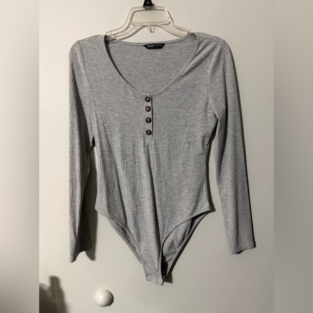 SHEIN Gray Ribbed Long Sleeve Bodysuit